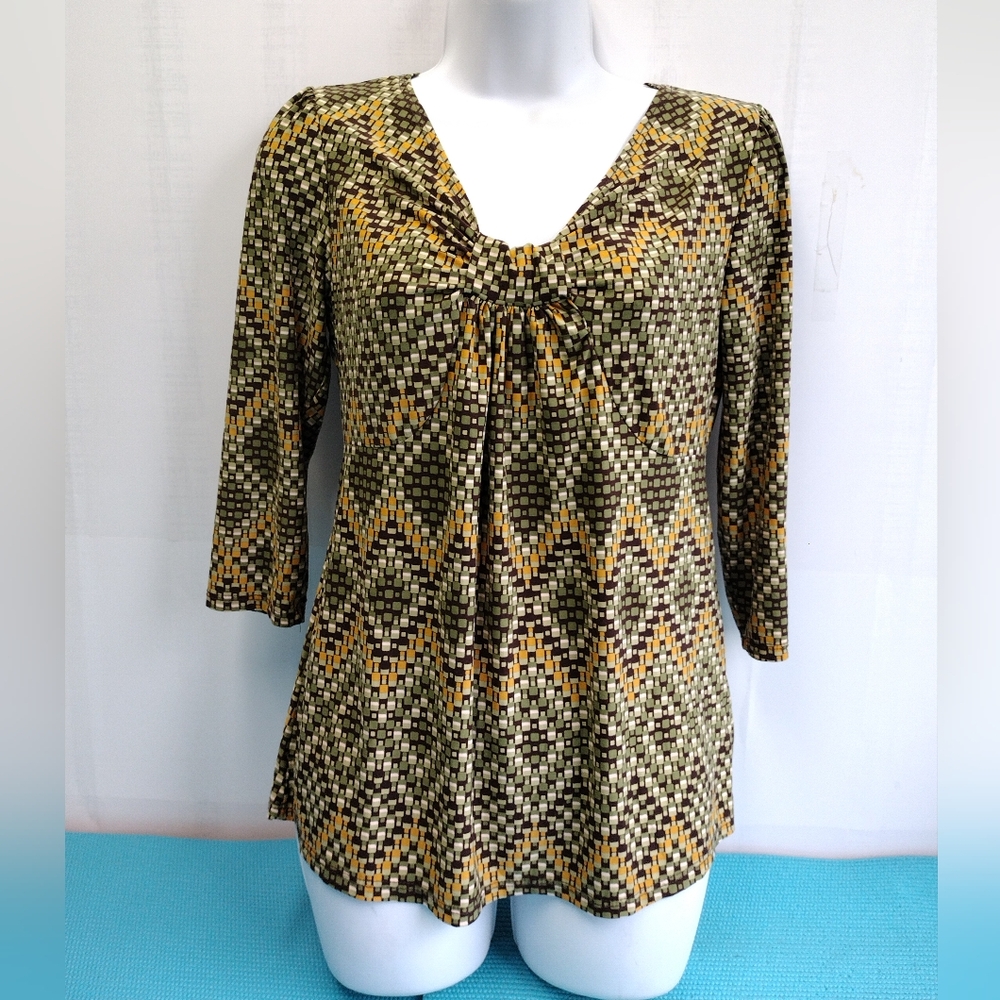 NWT Olivia Paige Petite 3/4 Sleeves V-Neck Argyle Blouse Size LP